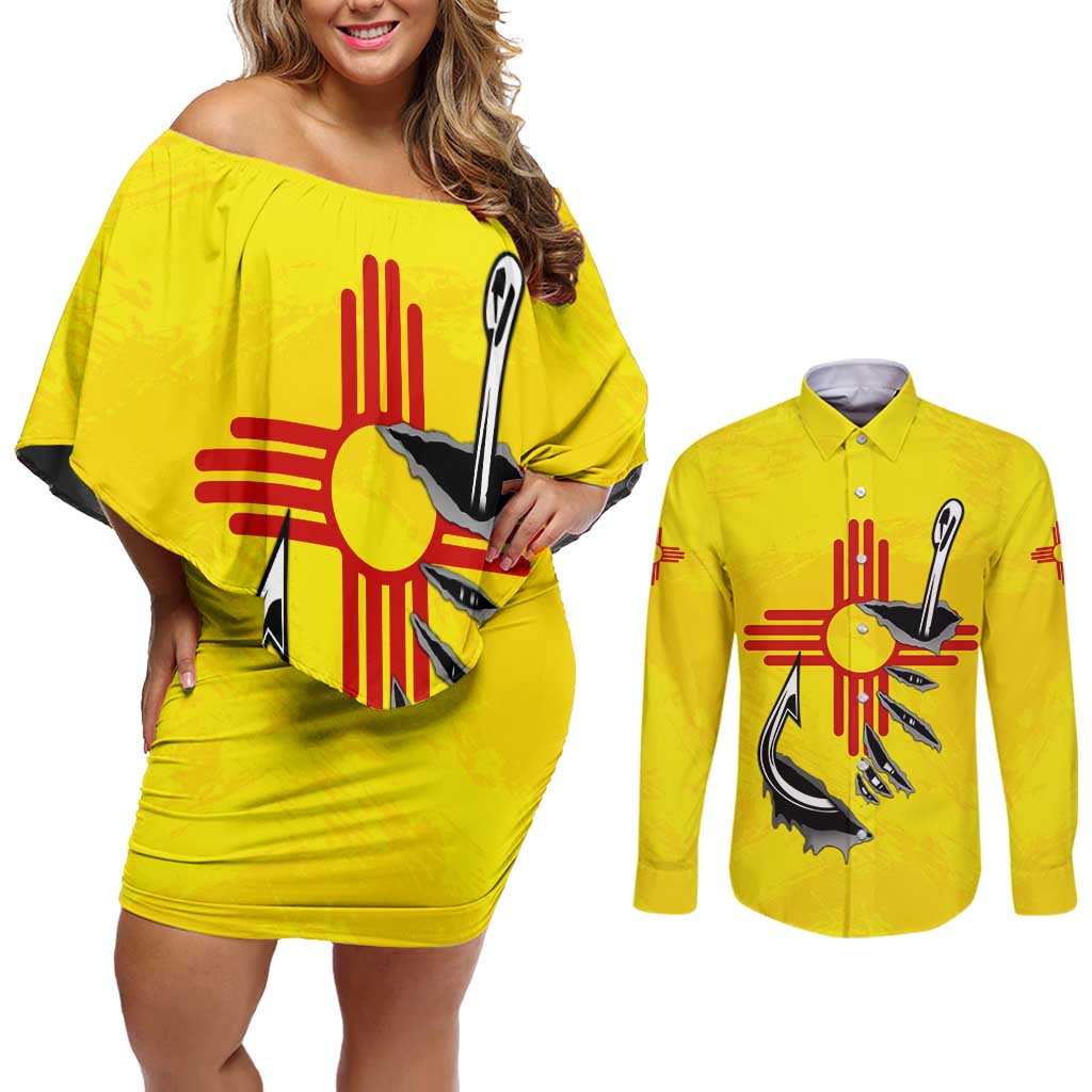 New Mexico Zia Symbol Fish Hook Couples Matching Off Shoulder Short Dress and Long Sleeve Button Shirt Torn Fishing Graphic and Custom Name Design - Wonder Print Shop