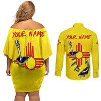 New Mexico Zia Symbol Fish Hook Couples Matching Off Shoulder Short Dress and Long Sleeve Button Shirt Torn Fishing Graphic and Custom Name Design - Wonder Print Shop