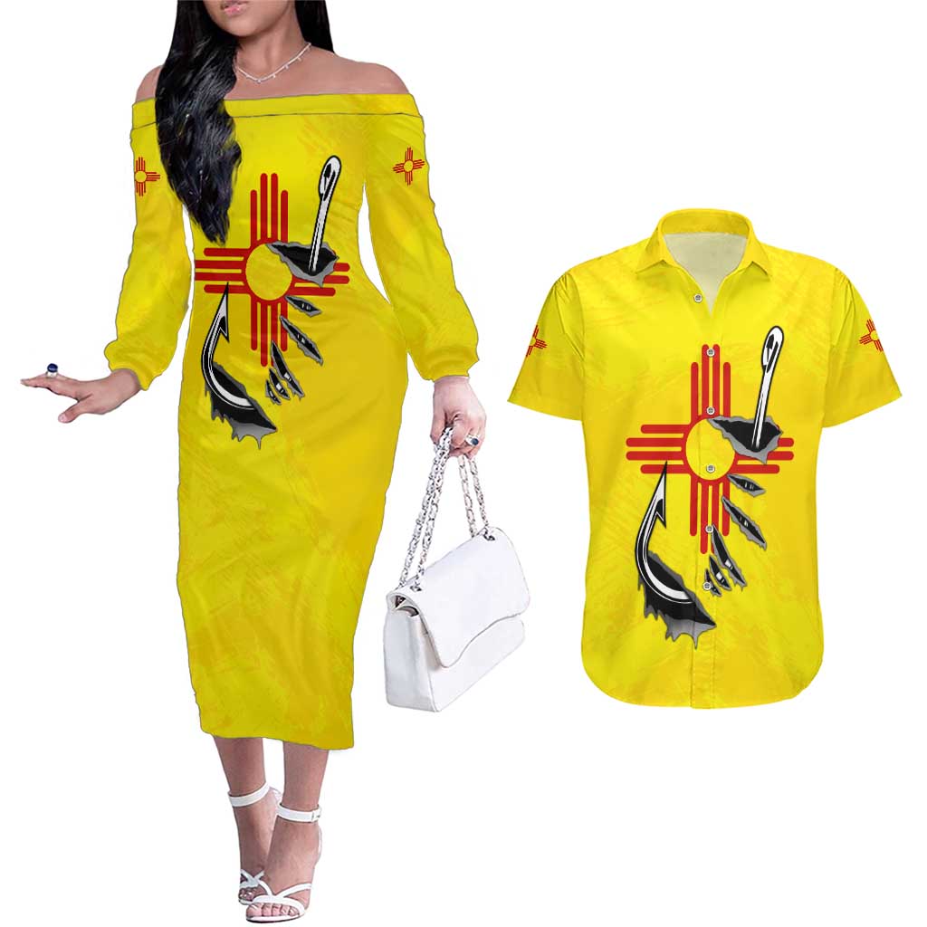 New Mexico Zia Symbol Fish Hook Couples Matching Off The Shoulder Long Sleeve Dress and Hawaiian Shirt Torn Fishing Graphic and Custom Name Design - Wonder Print Shop