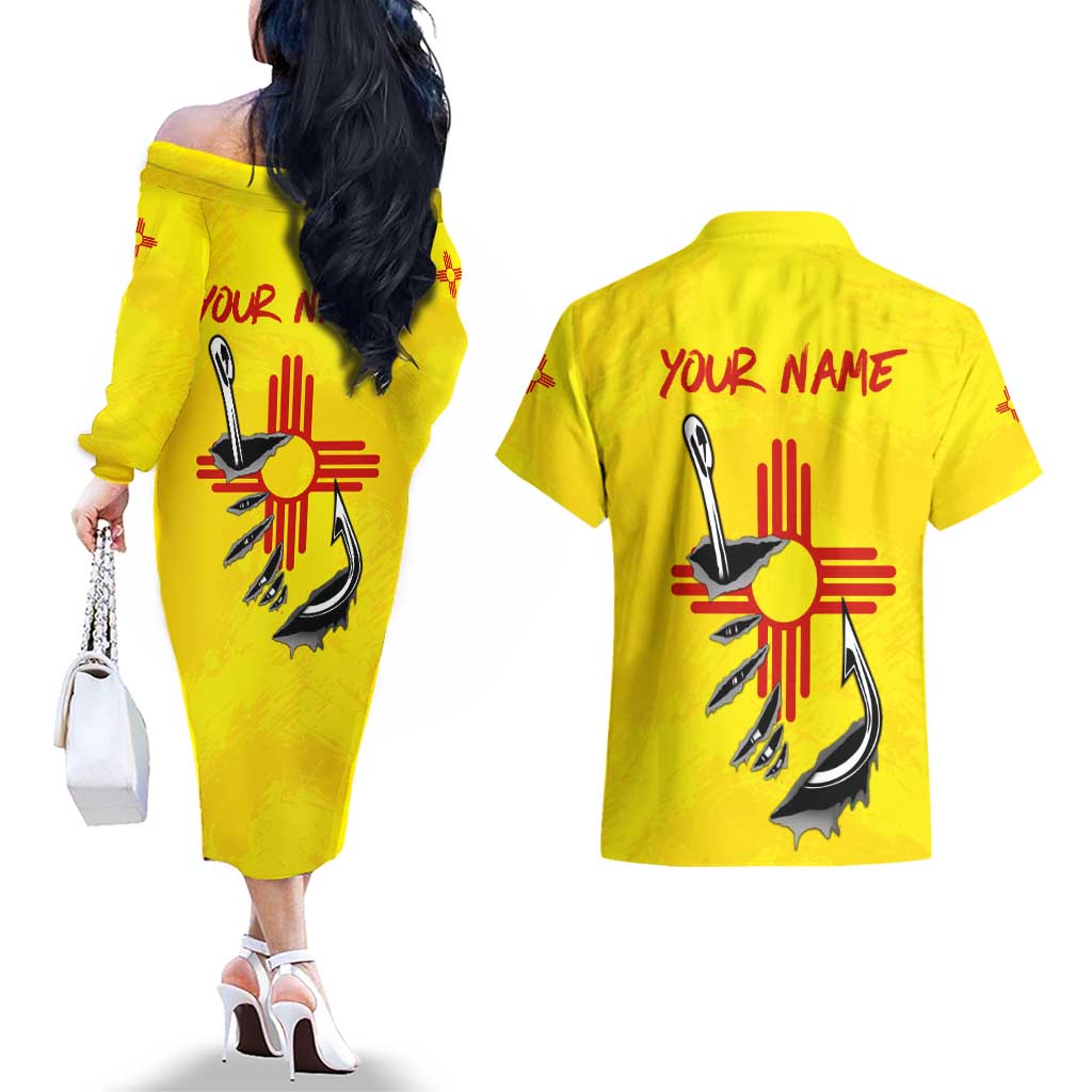 New Mexico Zia Symbol Fish Hook Couples Matching Off The Shoulder Long Sleeve Dress and Hawaiian Shirt Torn Fishing Graphic and Custom Name Design - Wonder Print Shop