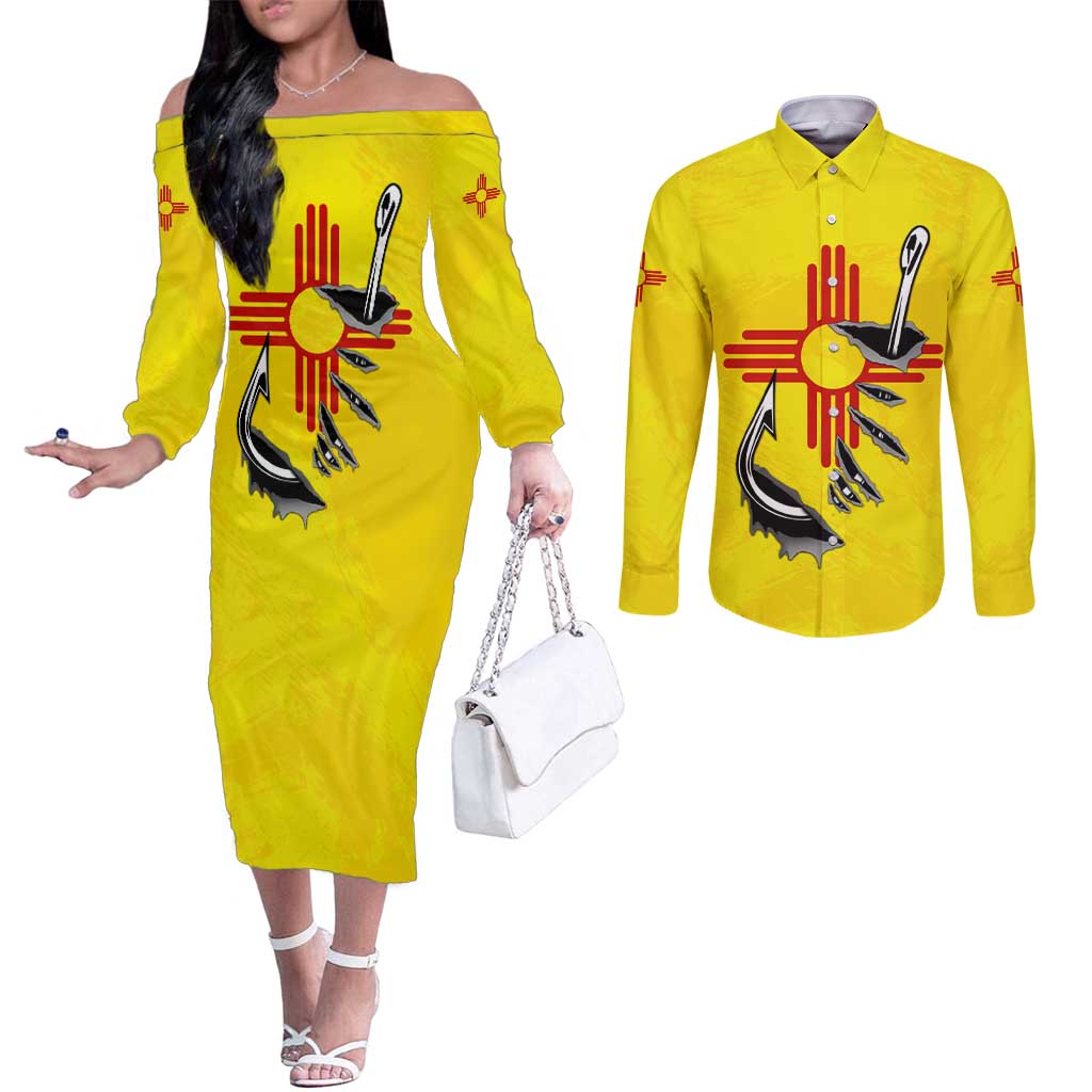 New Mexico Zia Symbol Fish Hook Couples Matching Off The Shoulder Long Sleeve Dress and Long Sleeve Button Shirt Torn Fishing Graphic and Custom Name Design - Wonder Print Shop