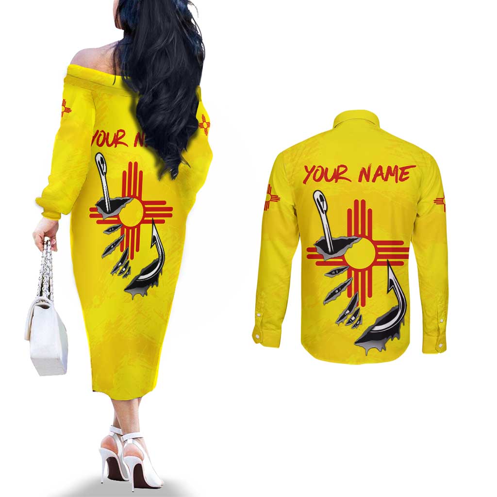 New Mexico Zia Symbol Fish Hook Couples Matching Off The Shoulder Long Sleeve Dress and Long Sleeve Button Shirt Torn Fishing Graphic and Custom Name Design - Wonder Print Shop