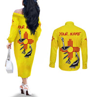 New Mexico Zia Symbol Fish Hook Couples Matching Off The Shoulder Long Sleeve Dress and Long Sleeve Button Shirt Torn Fishing Graphic and Custom Name Design - Wonder Print Shop