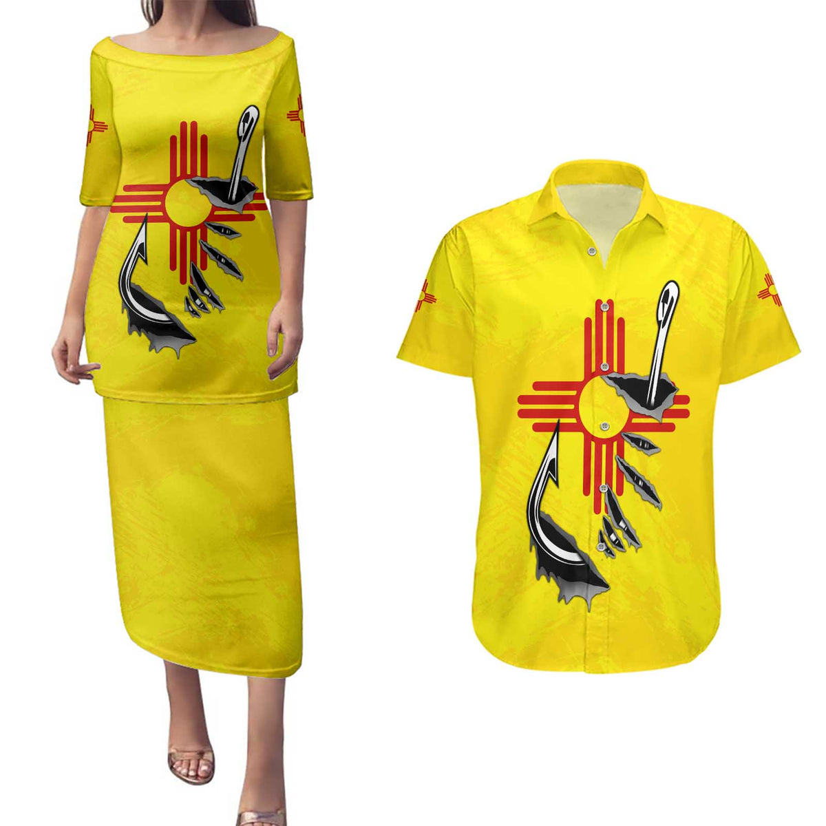 New Mexico Zia Symbol Fish Hook Couples Matching Puletasi and Hawaiian Shirt Torn Fishing Graphic and Custom Name Design - Wonder Print Shop