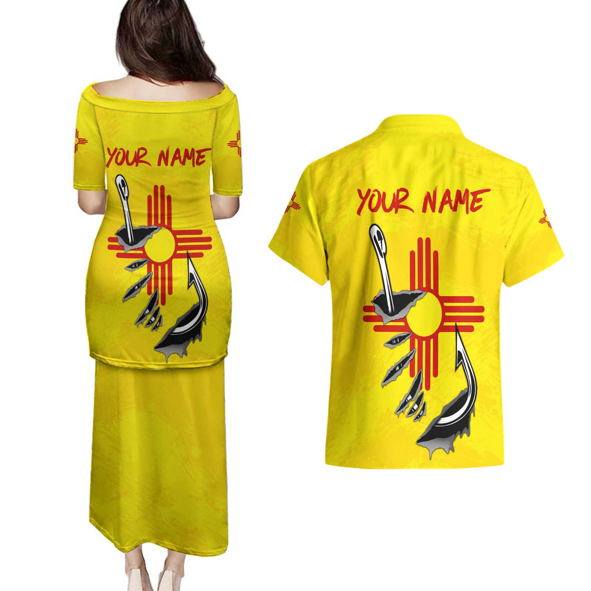 New Mexico Zia Symbol Fish Hook Couples Matching Puletasi and Hawaiian Shirt Torn Fishing Graphic and Custom Name Design - Wonder Print Shop