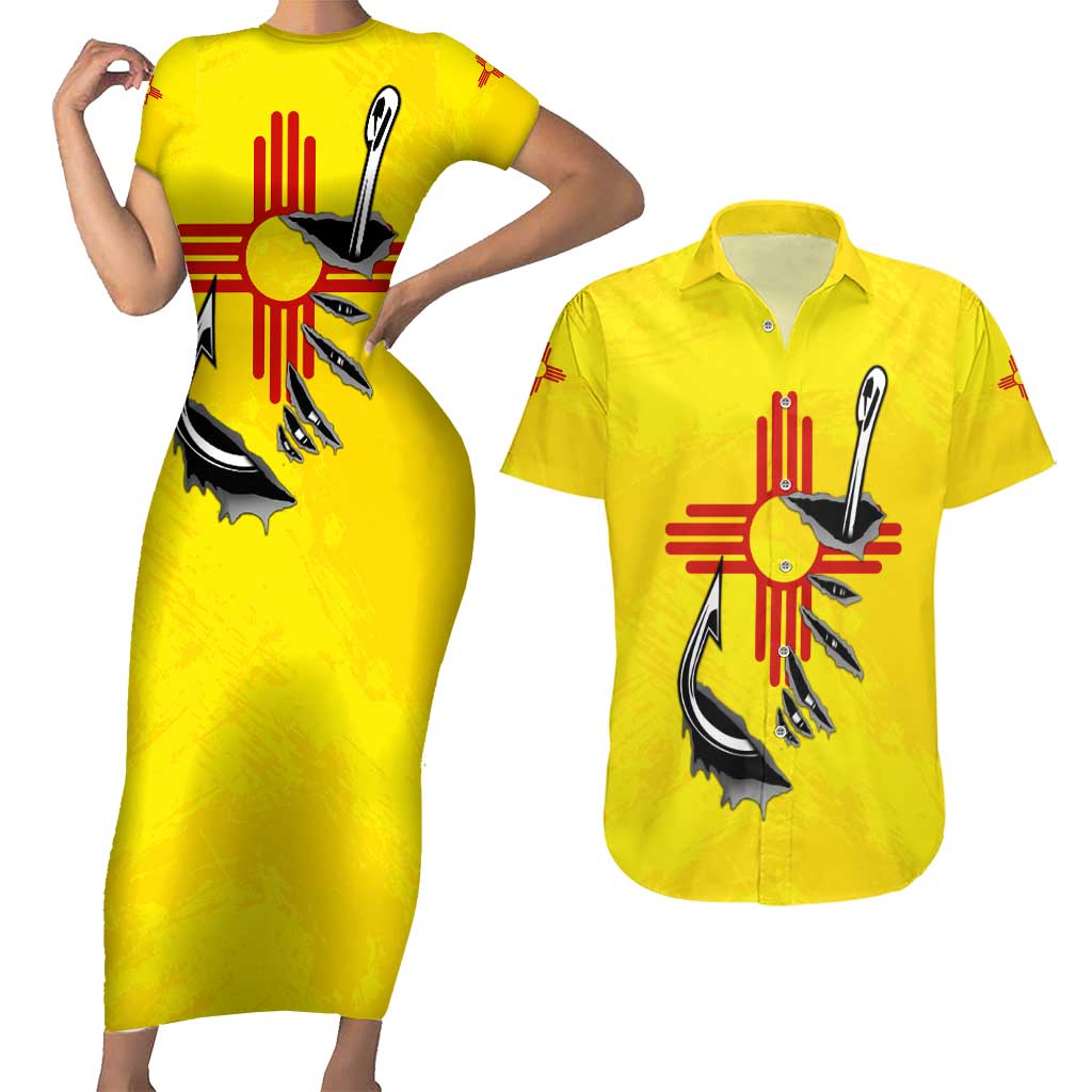 New Mexico Zia Symbol Fish Hook Couples Matching Short Sleeve Bodycon Dress and Hawaiian Shirt Torn Fishing Graphic and Custom Name Design - Wonder Print Shop