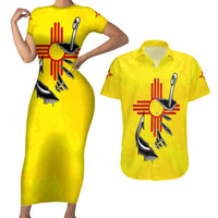 New Mexico Zia Symbol Fish Hook Couples Matching Short Sleeve Bodycon Dress and Hawaiian Shirt Torn Fishing Graphic and Custom Name Design - Wonder Print Shop