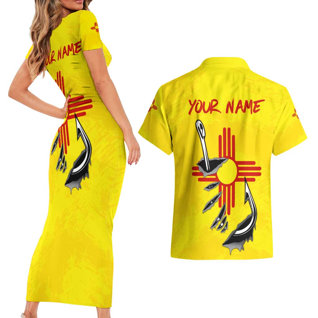 New Mexico Zia Symbol Fish Hook Couples Matching Short Sleeve Bodycon Dress and Hawaiian Shirt Torn Fishing Graphic and Custom Name Design - Wonder Print Shop