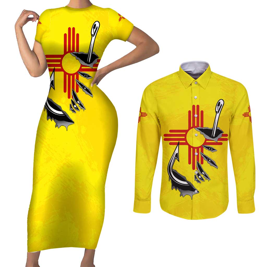 New Mexico Zia Symbol Fish Hook Couples Matching Short Sleeve Bodycon Dress and Long Sleeve Button Shirt Torn Fishing Graphic and Custom Name Design - Wonder Print Shop