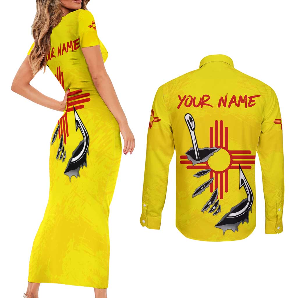 New Mexico Zia Symbol Fish Hook Couples Matching Short Sleeve Bodycon Dress and Long Sleeve Button Shirt Torn Fishing Graphic and Custom Name Design - Wonder Print Shop