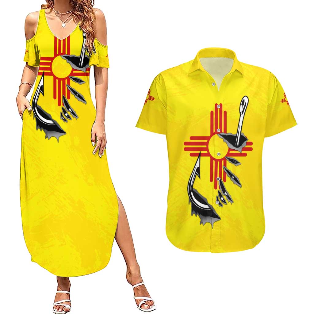 New Mexico Zia Symbol Fish Hook Couples Matching Summer Maxi Dress and Hawaiian Shirt Torn Fishing Graphic and Custom Name Design - Wonder Print Shop