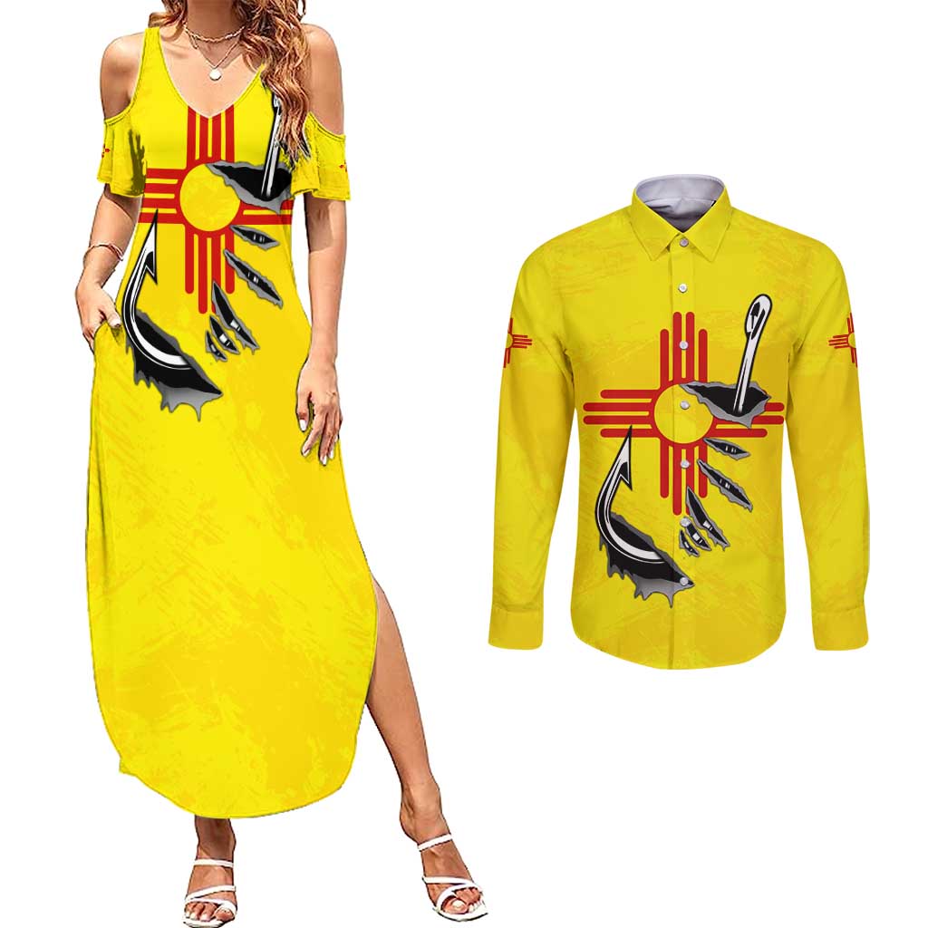 New Mexico Zia Symbol Fish Hook Couples Matching Summer Maxi Dress and Long Sleeve Button Shirt Torn Fishing Graphic and Custom Name Design - Wonder Print Shop