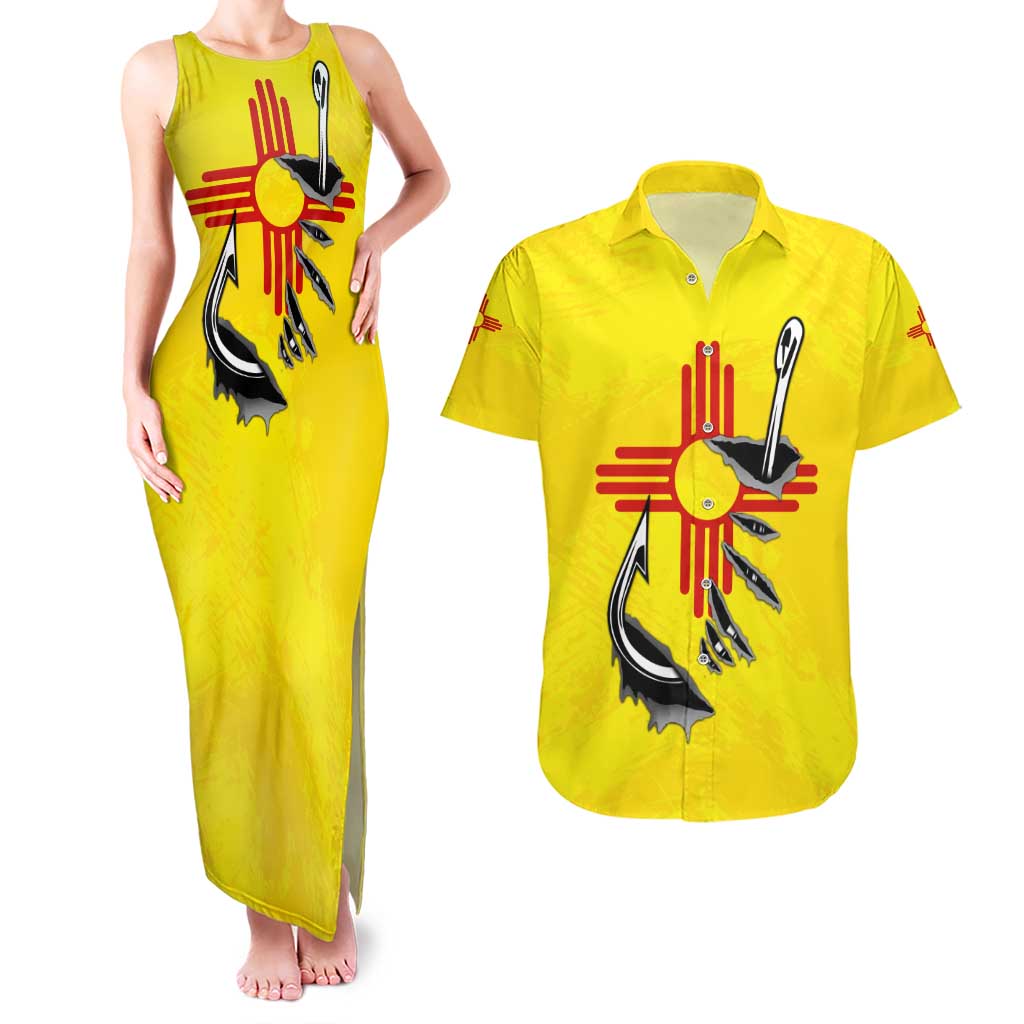 New Mexico Zia Symbol Fish Hook Couples Matching Tank Maxi Dress and Hawaiian Shirt Torn Fishing Graphic and Custom Name Design - Wonder Print Shop