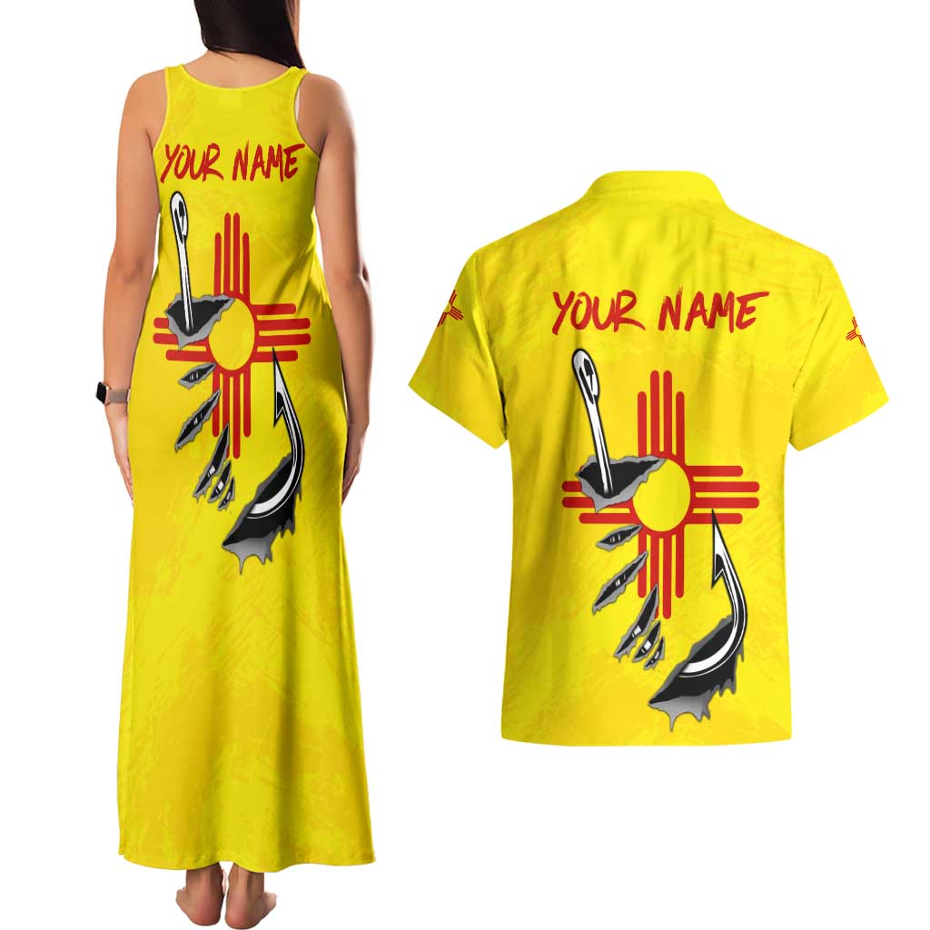 New Mexico Zia Symbol Fish Hook Couples Matching Tank Maxi Dress and Hawaiian Shirt Torn Fishing Graphic and Custom Name Design - Wonder Print Shop