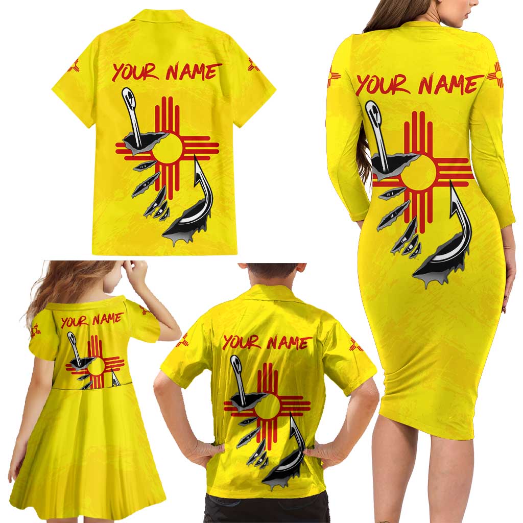 New Mexico Zia Symbol Fish Hook Family Matching Long Sleeve Bodycon Dress and Hawaiian Shirt Torn Fishing Graphic and Custom Name Design - Wonder Print Shop