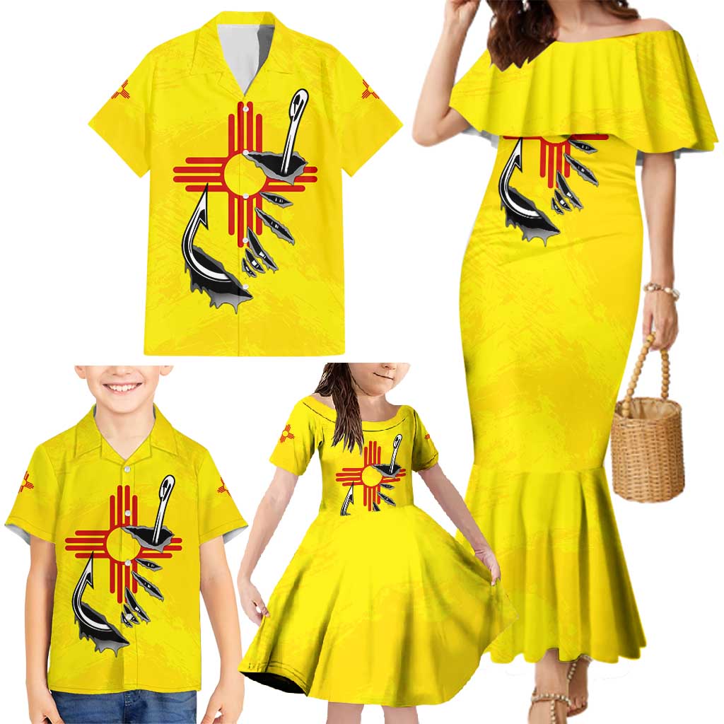 New Mexico Zia Symbol Fish Hook Family Matching Mermaid Dress and Hawaiian Shirt Torn Fishing Graphic and Custom Name Design - Wonder Print Shop
