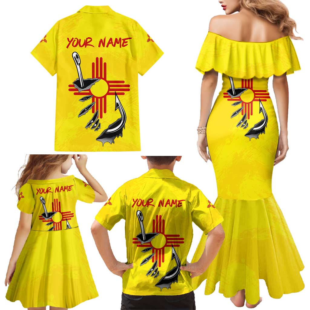 New Mexico Zia Symbol Fish Hook Family Matching Mermaid Dress and Hawaiian Shirt Torn Fishing Graphic and Custom Name Design - Wonder Print Shop