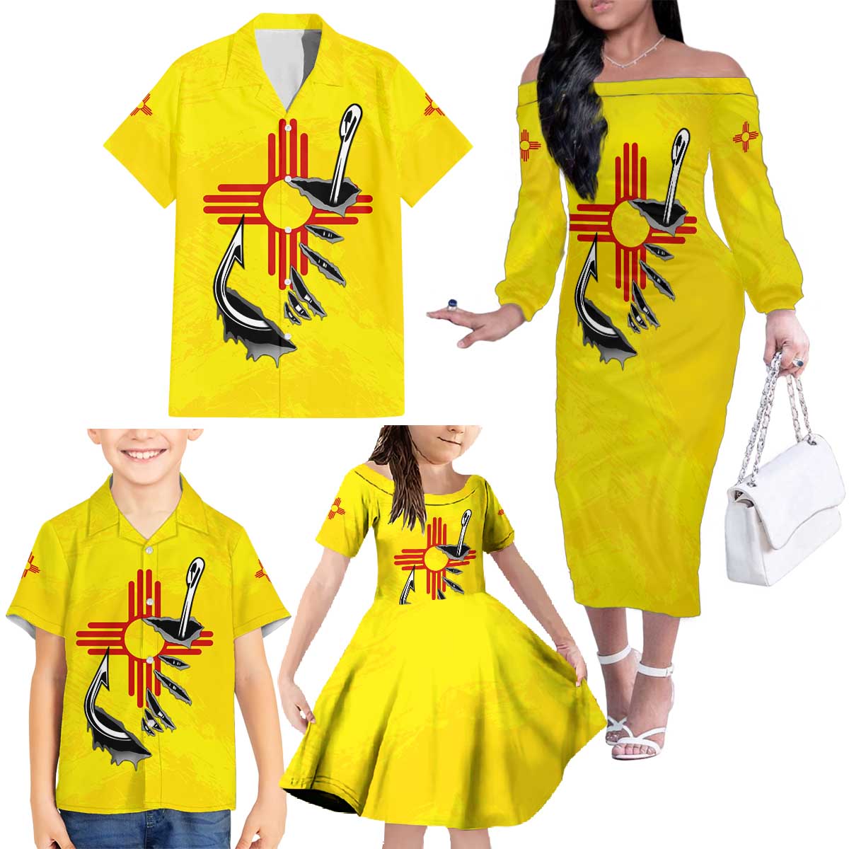 New Mexico Zia Symbol Fish Hook Family Matching Off The Shoulder Long Sleeve Dress and Hawaiian Shirt Torn Fishing Graphic and Custom Name Design - Wonder Print Shop