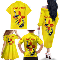 New Mexico Zia Symbol Fish Hook Family Matching Off The Shoulder Long Sleeve Dress and Hawaiian Shirt Torn Fishing Graphic and Custom Name Design - Wonder Print Shop