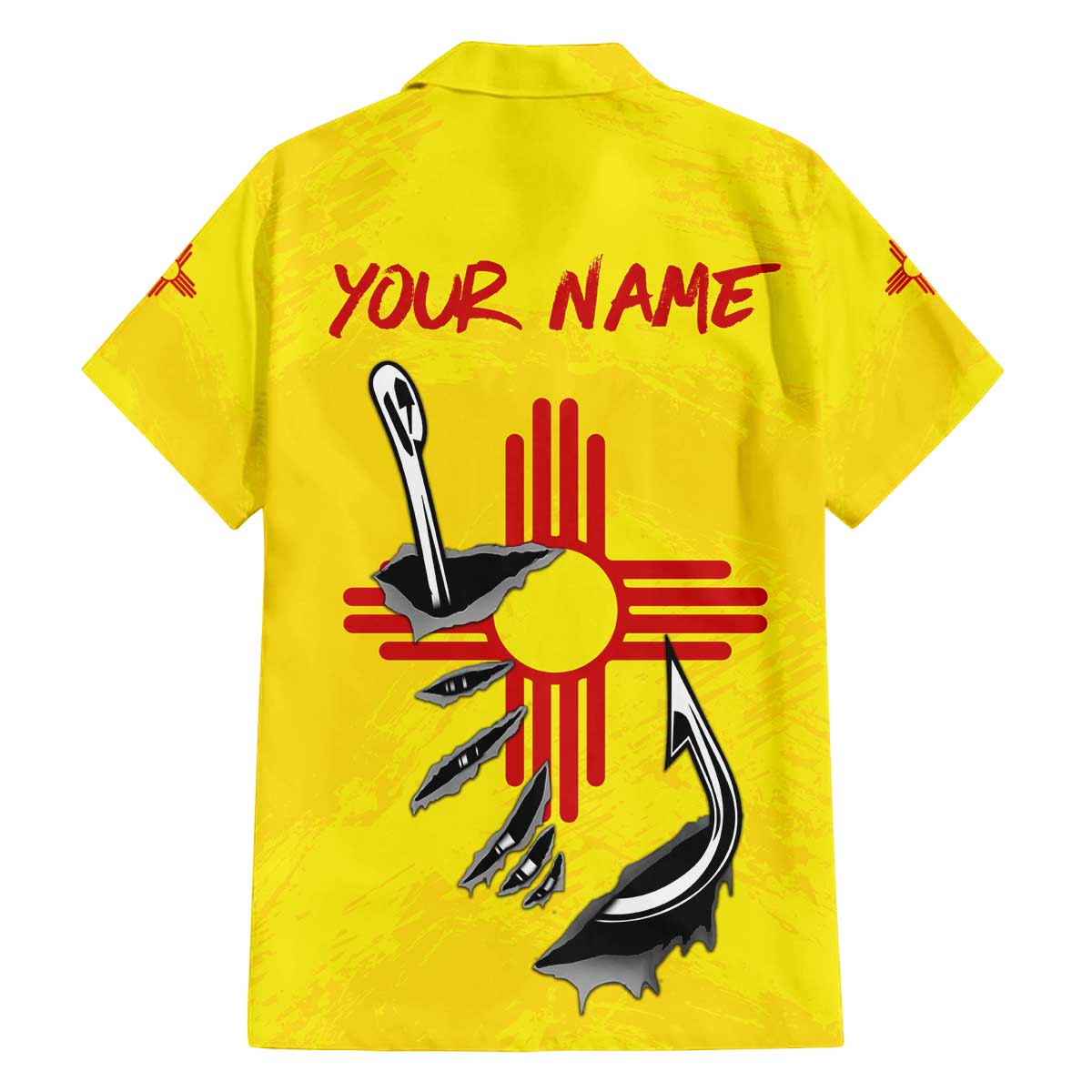 New Mexico Zia Symbol Fish Hook Family Matching Off The Shoulder Long Sleeve Dress and Hawaiian Shirt Torn Fishing Graphic and Custom Name Design - Wonder Print Shop