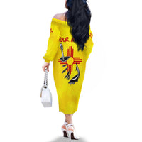 New Mexico Zia Symbol Fish Hook Family Matching Off The Shoulder Long Sleeve Dress and Hawaiian Shirt Torn Fishing Graphic and Custom Name Design - Wonder Print Shop