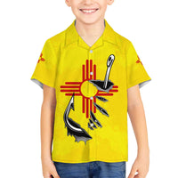 New Mexico Zia Symbol Fish Hook Family Matching Off The Shoulder Long Sleeve Dress and Hawaiian Shirt Torn Fishing Graphic and Custom Name Design - Wonder Print Shop