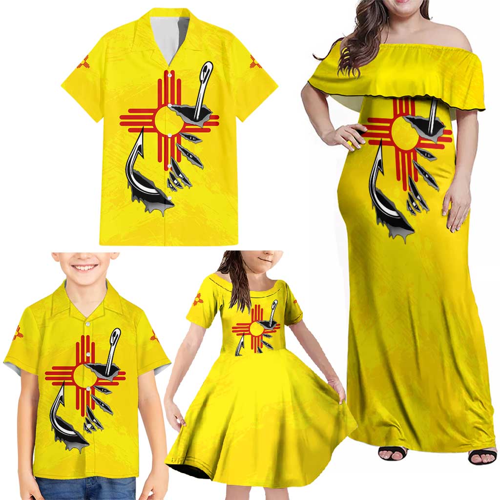 New Mexico Zia Symbol Fish Hook Family Matching Off Shoulder Maxi Dress and Hawaiian Shirt Torn Fishing Graphic and Custom Name Design - Wonder Print Shop