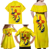 New Mexico Zia Symbol Fish Hook Family Matching Off Shoulder Maxi Dress and Hawaiian Shirt Torn Fishing Graphic and Custom Name Design - Wonder Print Shop