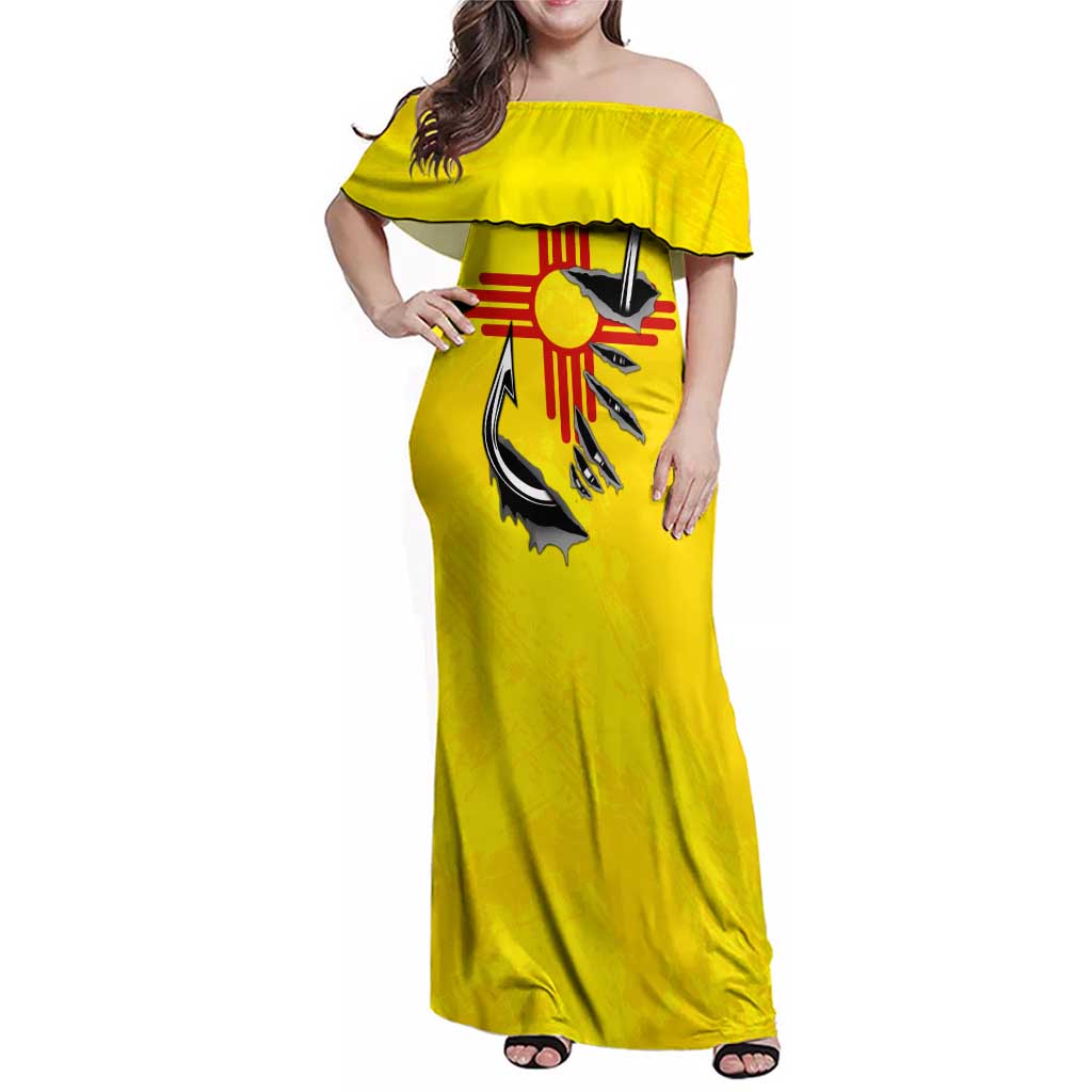 New Mexico Zia Symbol Fish Hook Family Matching Off Shoulder Maxi Dress and Hawaiian Shirt Torn Fishing Graphic and Custom Name Design - Wonder Print Shop