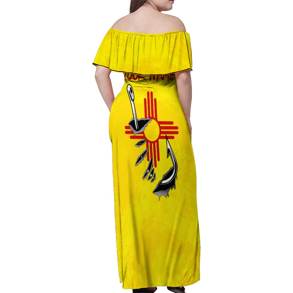 New Mexico Zia Symbol Fish Hook Family Matching Off Shoulder Maxi Dress and Hawaiian Shirt Torn Fishing Graphic and Custom Name Design - Wonder Print Shop