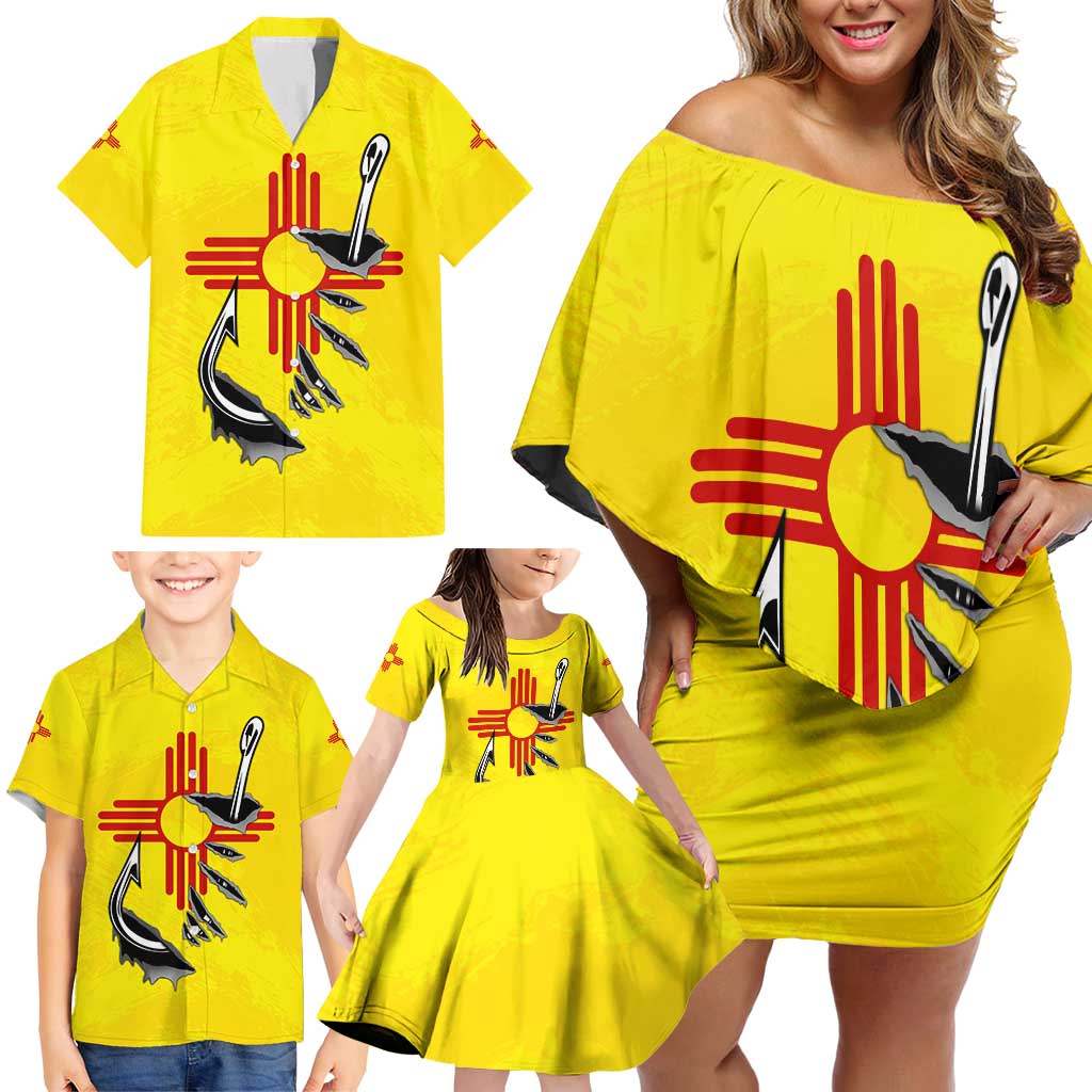 New Mexico Zia Symbol Fish Hook Family Matching Off Shoulder Short Dress and Hawaiian Shirt Torn Fishing Graphic and Custom Name Design - Wonder Print Shop