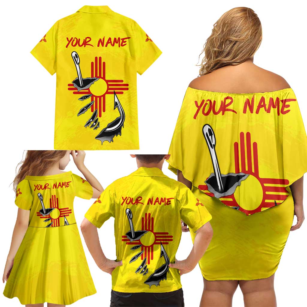 New Mexico Zia Symbol Fish Hook Family Matching Off Shoulder Short Dress and Hawaiian Shirt Torn Fishing Graphic and Custom Name Design - Wonder Print Shop
