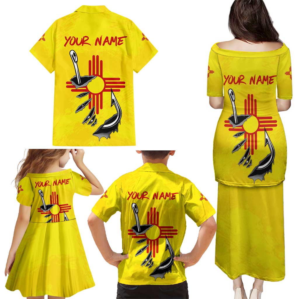 New Mexico Zia Symbol Fish Hook Family Matching Puletasi and Hawaiian Shirt Torn Fishing Graphic and Custom Name Design - Wonder Print Shop