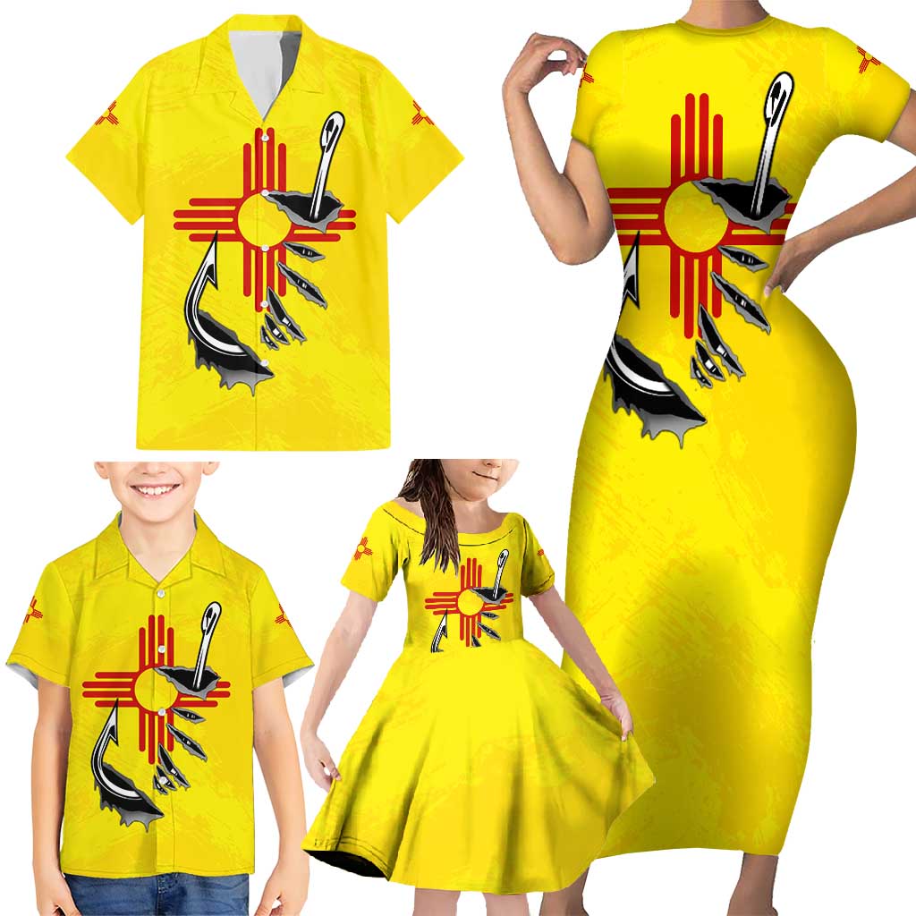New Mexico Zia Symbol Fish Hook Family Matching Short Sleeve Bodycon Dress and Hawaiian Shirt Torn Fishing Graphic and Custom Name Design - Wonder Print Shop