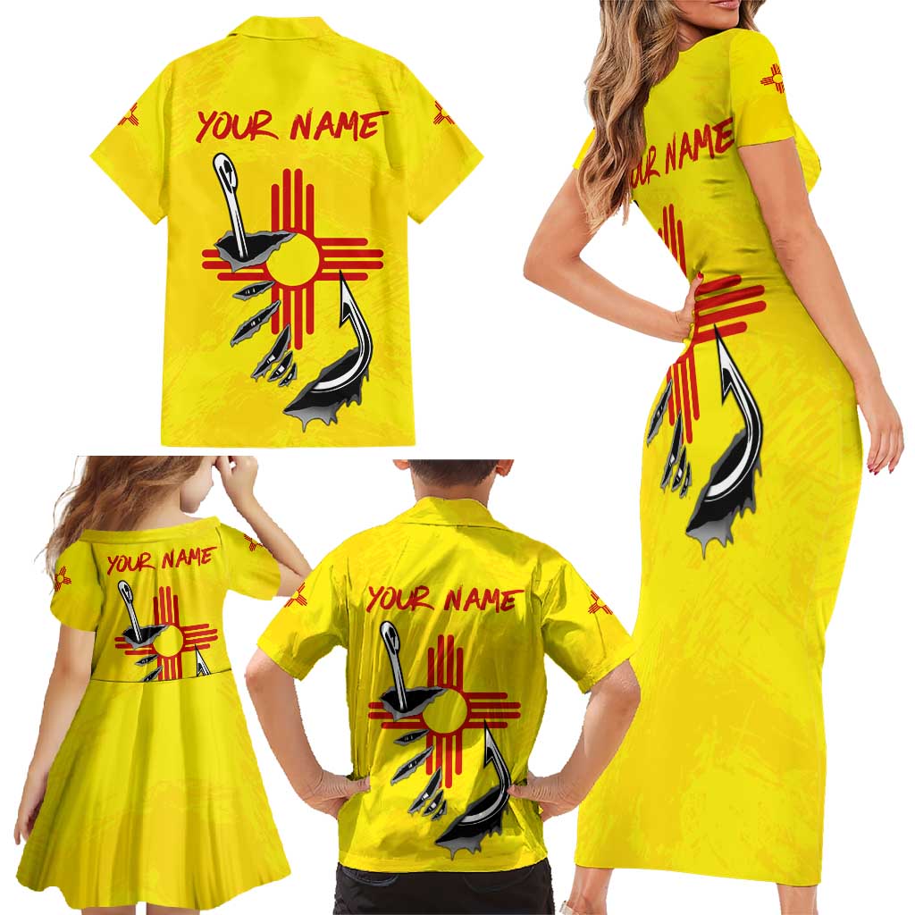 New Mexico Zia Symbol Fish Hook Family Matching Short Sleeve Bodycon Dress and Hawaiian Shirt Torn Fishing Graphic and Custom Name Design - Wonder Print Shop