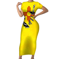 New Mexico Zia Symbol Fish Hook Family Matching Short Sleeve Bodycon Dress and Hawaiian Shirt Torn Fishing Graphic and Custom Name Design - Wonder Print Shop