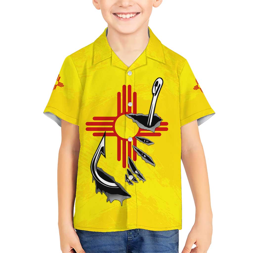 New Mexico Zia Symbol Fish Hook Family Matching Short Sleeve Bodycon Dress and Hawaiian Shirt Torn Fishing Graphic and Custom Name Design - Wonder Print Shop