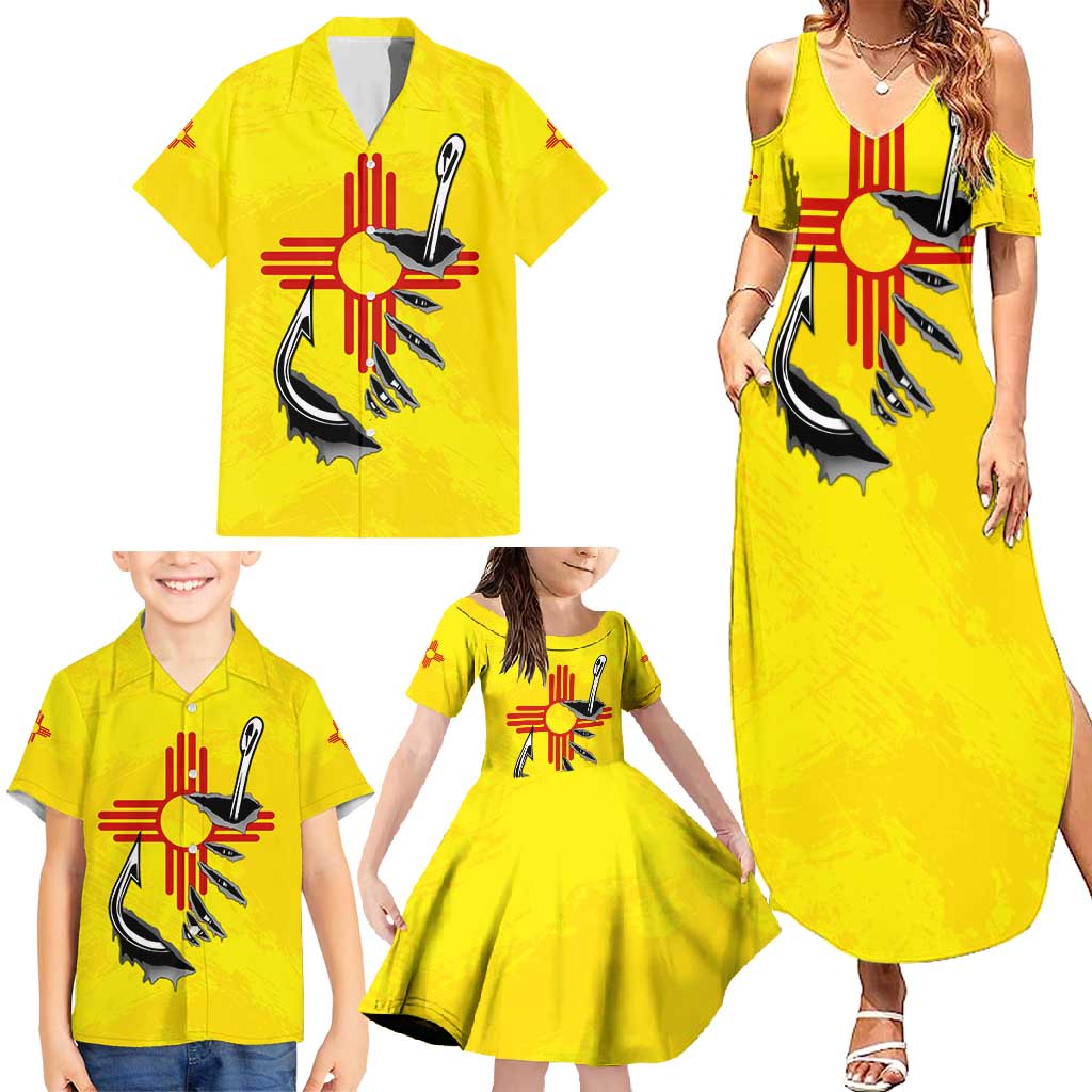 New Mexico Zia Symbol Fish Hook Family Matching Summer Maxi Dress and Hawaiian Shirt Torn Fishing Graphic and Custom Name Design - Wonder Print Shop