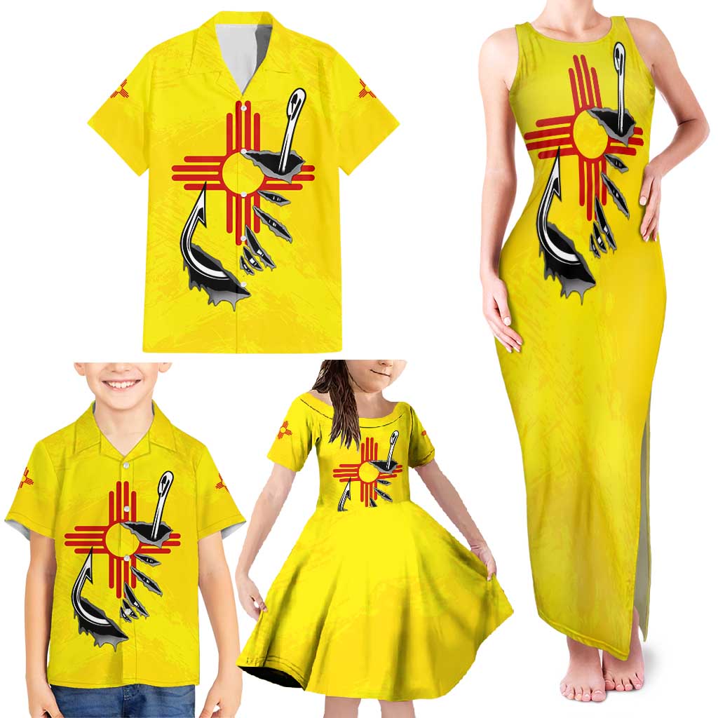 New Mexico Zia Symbol Fish Hook Family Matching Tank Maxi Dress and Hawaiian Shirt Torn Fishing Graphic and Custom Name Design - Wonder Print Shop