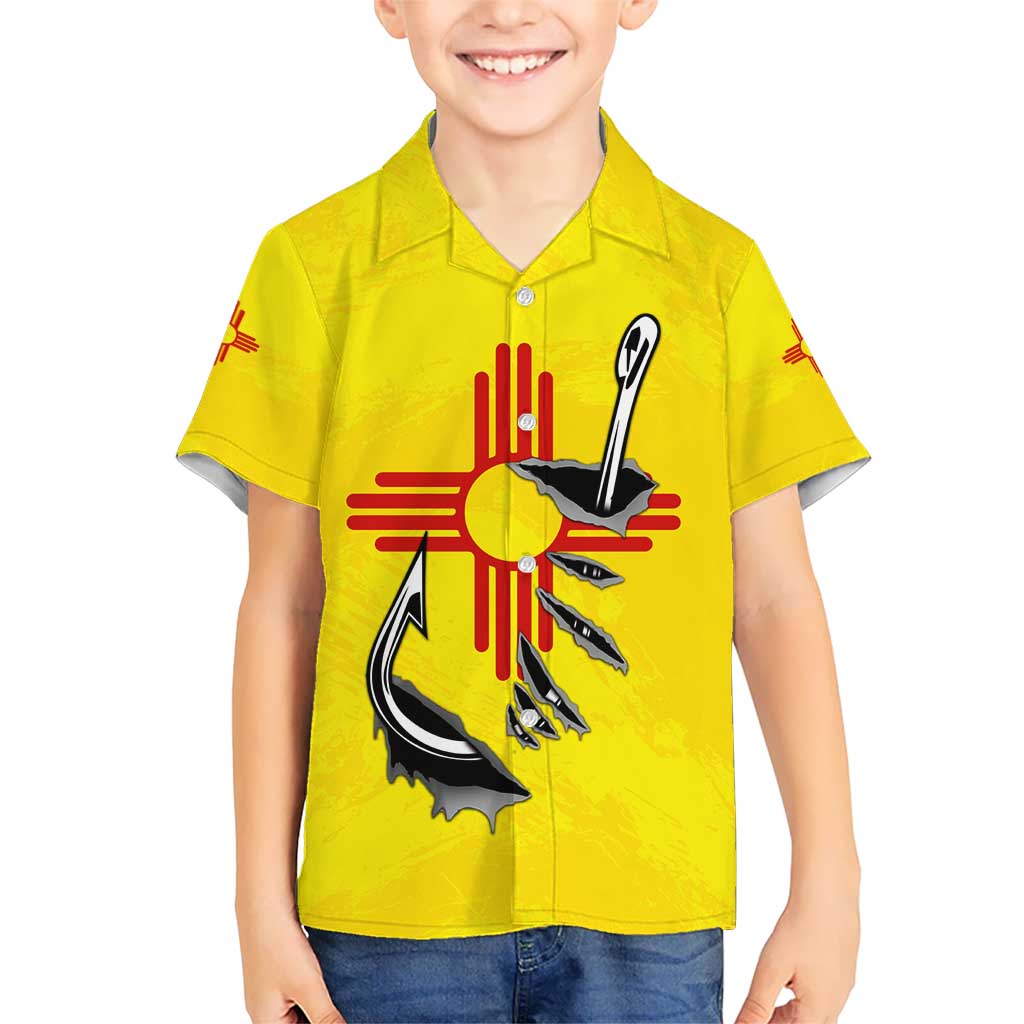 New Mexico Zia Symbol Fish Hook Kid Hawaiian Shirt Torn Fishing Graphic and Custom Name Design - Wonder Print Shop