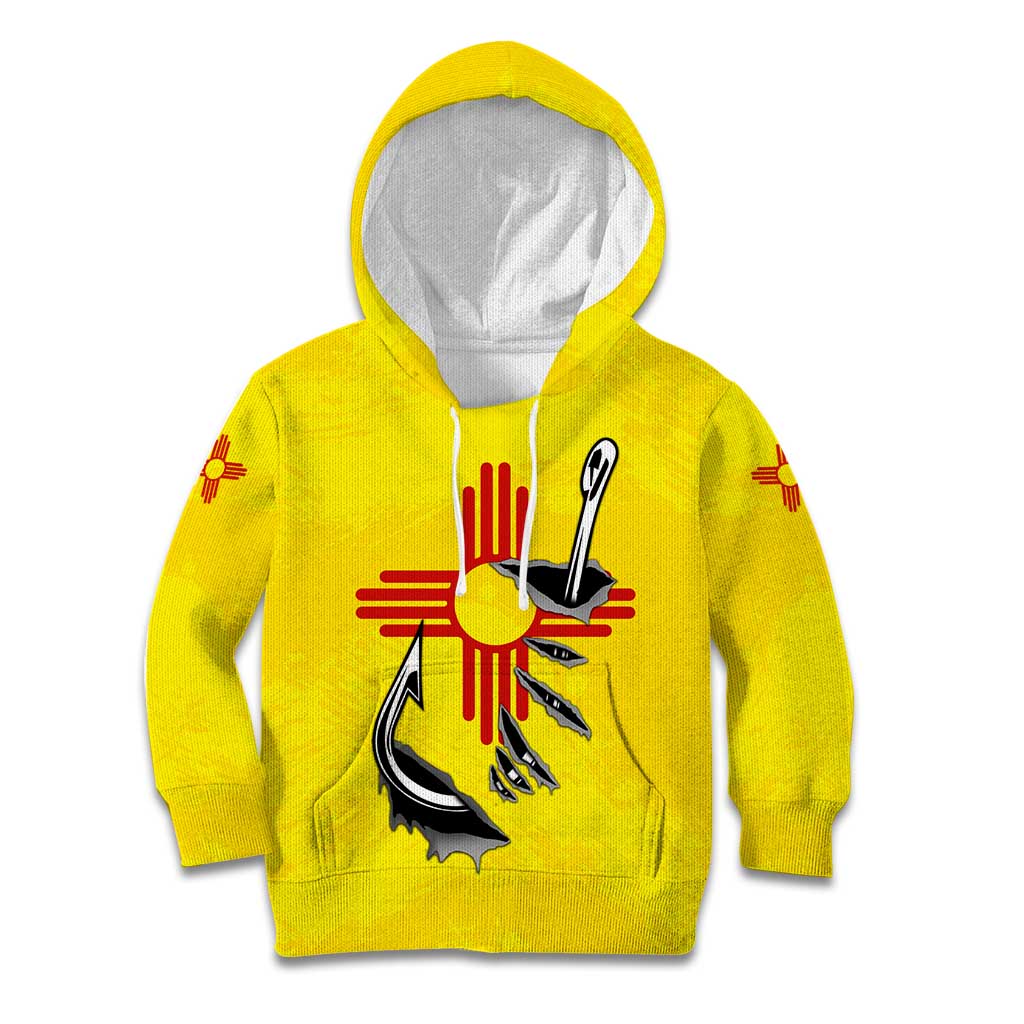 New Mexico Zia Symbol Fish Hook Kid Hoodie Torn Fishing Graphic and Custom Name Design - Wonder Print Shop
