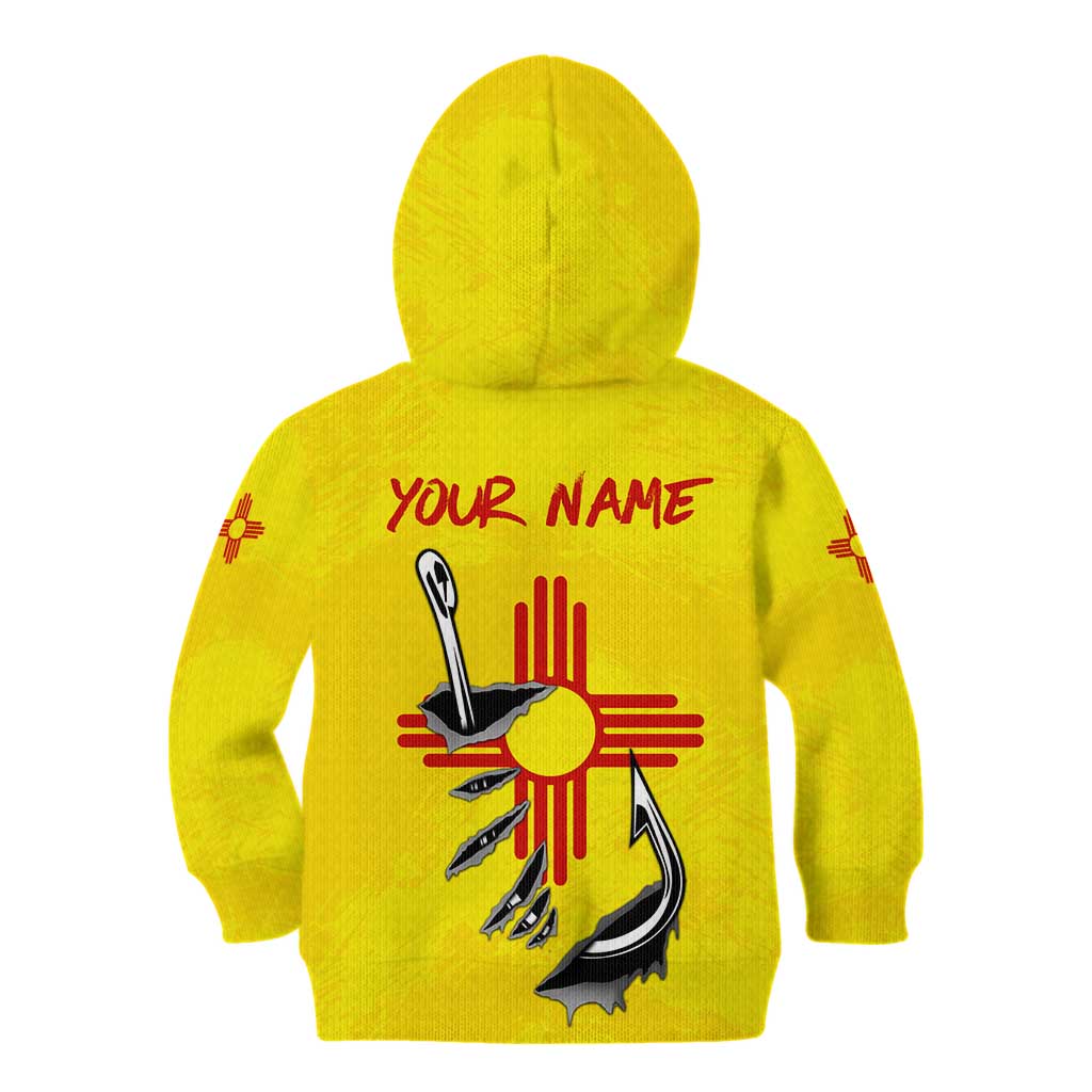 New Mexico Zia Symbol Fish Hook Kid Hoodie Torn Fishing Graphic and Custom Name Design - Wonder Print Shop