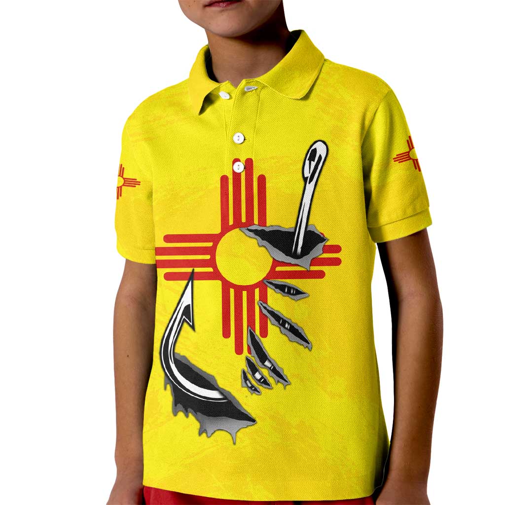 New Mexico Zia Symbol Fish Hook Kid Polo Shirt Torn Fishing Graphic and Custom Name Design - Wonder Print Shop