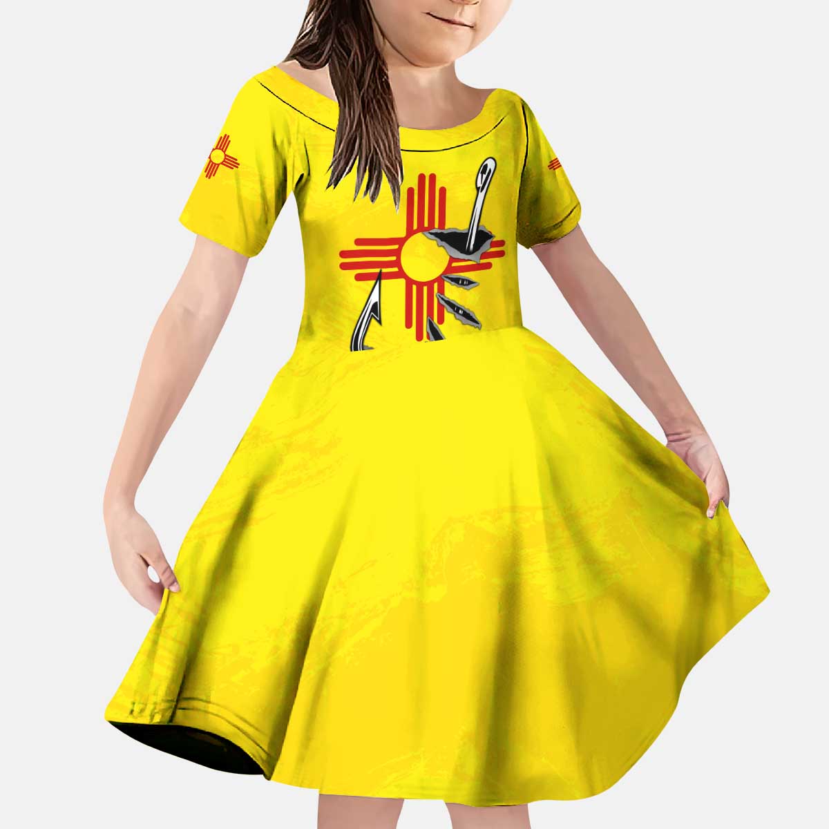 New Mexico Zia Symbol Fish Hook Kid Short Sleeve Dress Torn Fishing Graphic and Custom Name Design - Wonder Print Shop