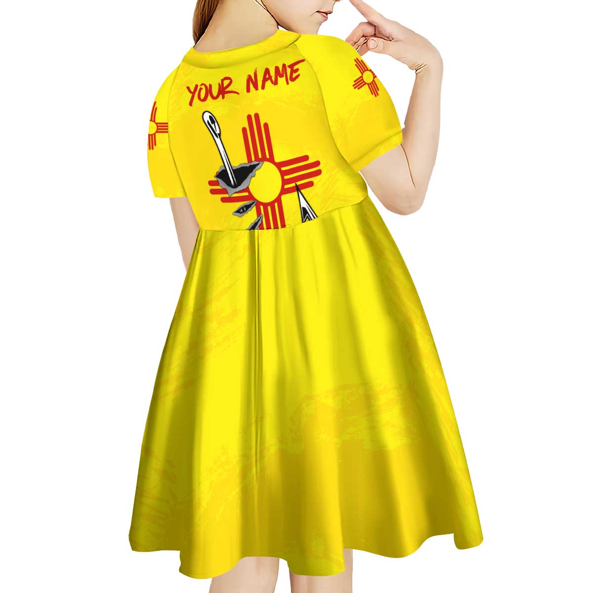 New Mexico Zia Symbol Fish Hook Kid Short Sleeve Dress Torn Fishing Graphic and Custom Name Design - Wonder Print Shop
