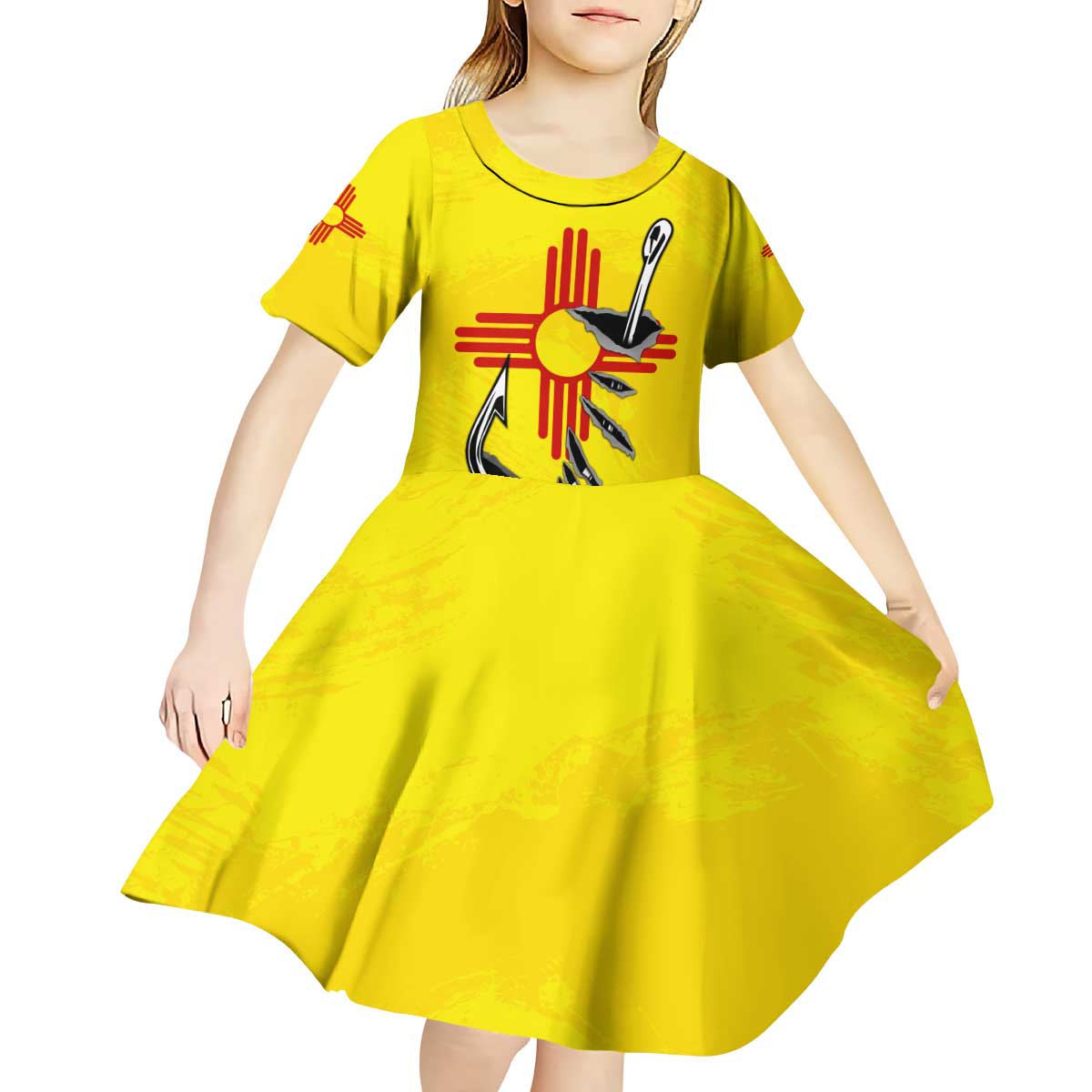 New Mexico Zia Symbol Fish Hook Kid Short Sleeve Dress Torn Fishing Graphic and Custom Name Design - Wonder Print Shop