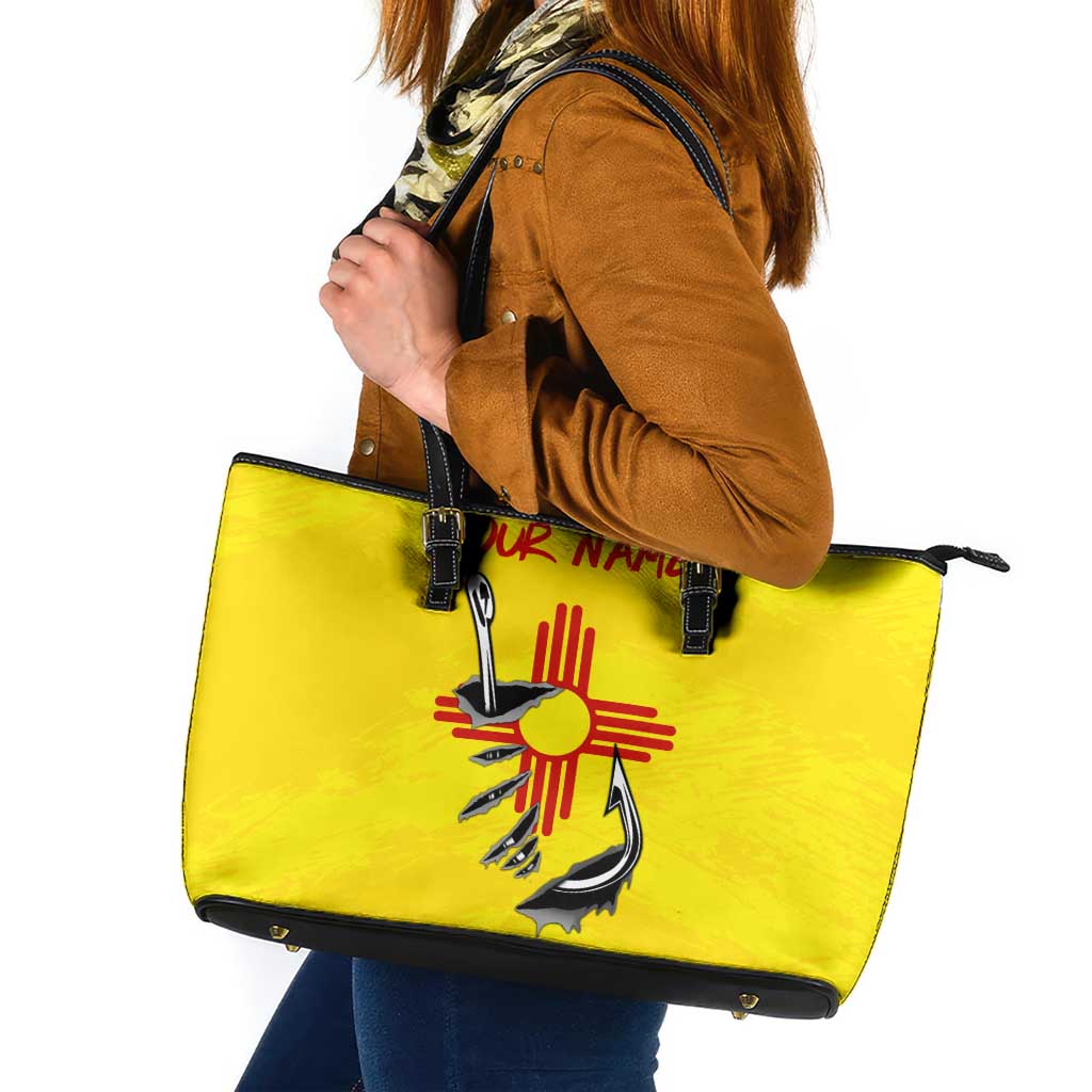 New Mexico Zia Symbol Fish Hook Leather Tote Bag Torn Fishing Graphic and Custom Name Design - Wonder Print Shop