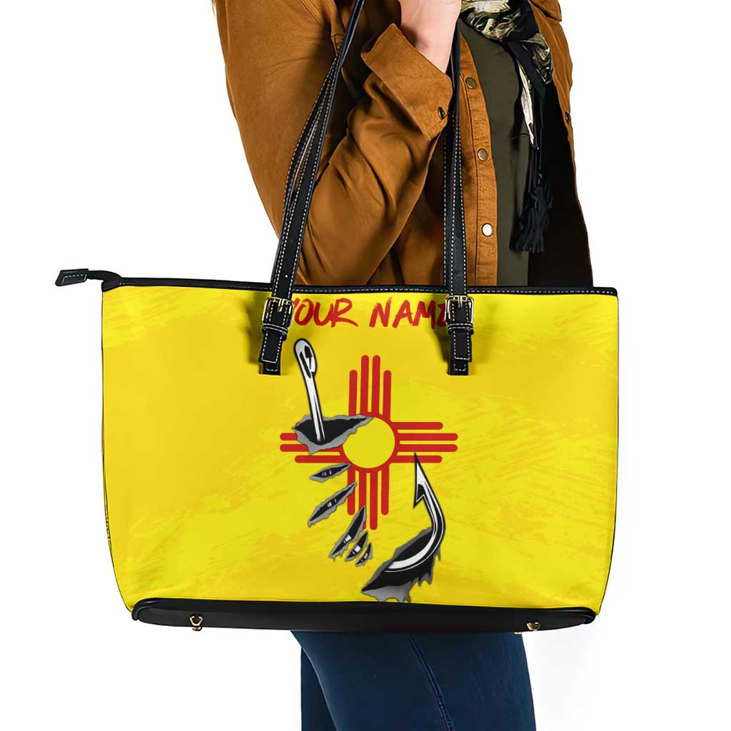 New Mexico Zia Symbol Fish Hook Leather Tote Bag Torn Fishing Graphic and Custom Name Design - Wonder Print Shop