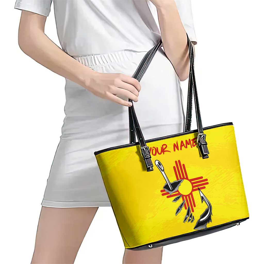 New Mexico Zia Symbol Fish Hook Leather Tote Bag Torn Fishing Graphic and Custom Name Design - Wonder Print Shop