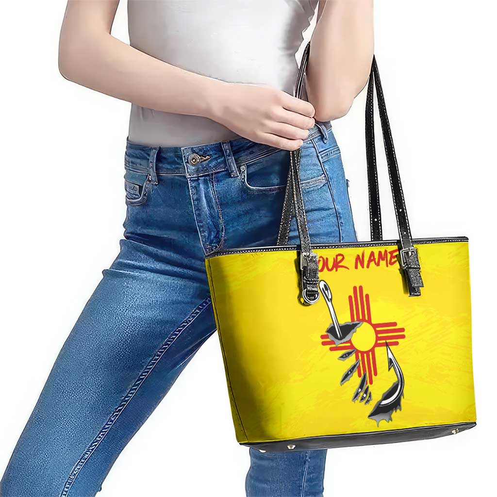 New Mexico Zia Symbol Fish Hook Leather Tote Bag Torn Fishing Graphic and Custom Name Design - Wonder Print Shop